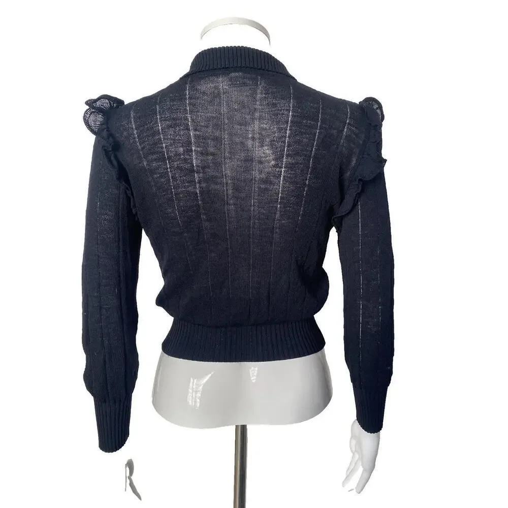 2003 CHANEL 03A Black Ruffle Long Sleeve Blouse Top FR-36